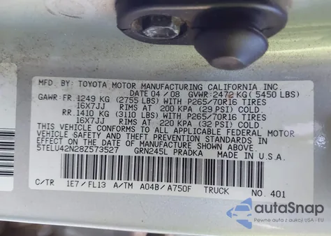 2008 Toyota Tacoma Base V6 from USA, damaged, VIN 5TELU42N28Z573527